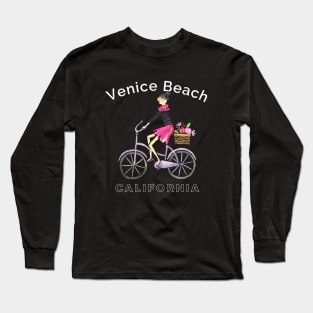 Venice Beach California Watercolor Bicycling French Girl Woman Long Sleeve T-Shirt